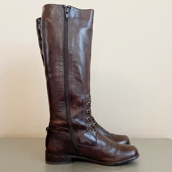 Stuart Weitzman Tall Boots 6 Brown Leather Lace Up Strap Buckle Side Zipper Knee - Picture 6 of 9